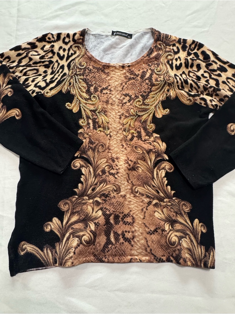 Vintage Mob Wife Leopard Baroque Glam Embellished Sweater Top